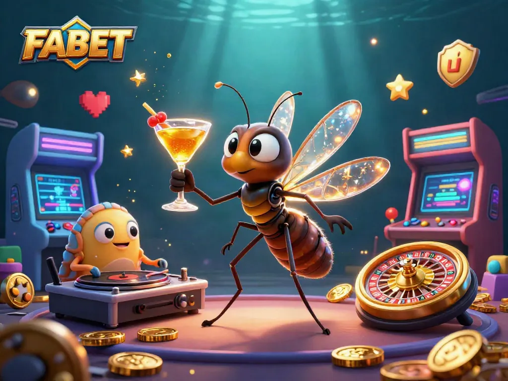 Engage with FABET's thrilling gaming experience featuring a cartoon mosquito mascot among casino icons.