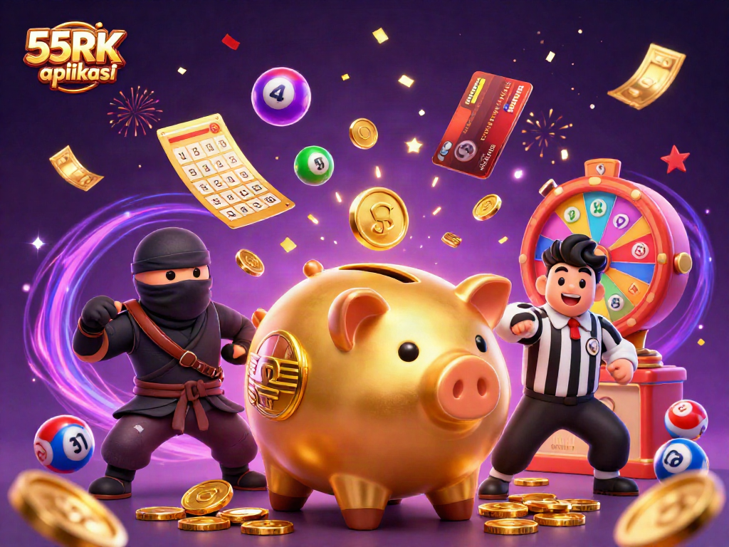 Win big with 55RK aplikasi in a vibrant, animated casino scene featuring dynamic characters and colorful game elements.