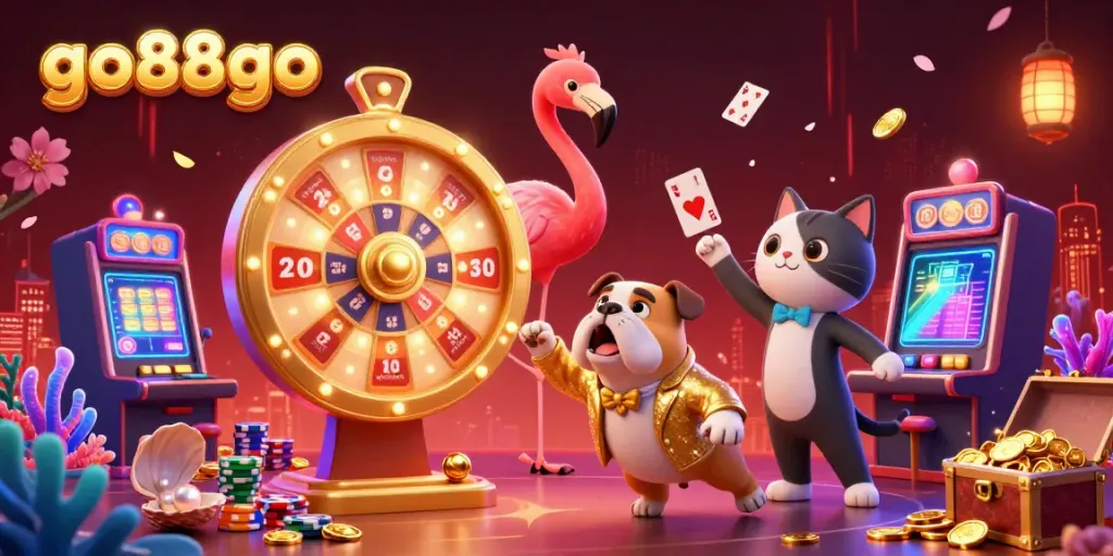 Spin to win big with go88go in this vibrant casino scene featuring a flamingo host, bulldog contestant, and glowing treasures.