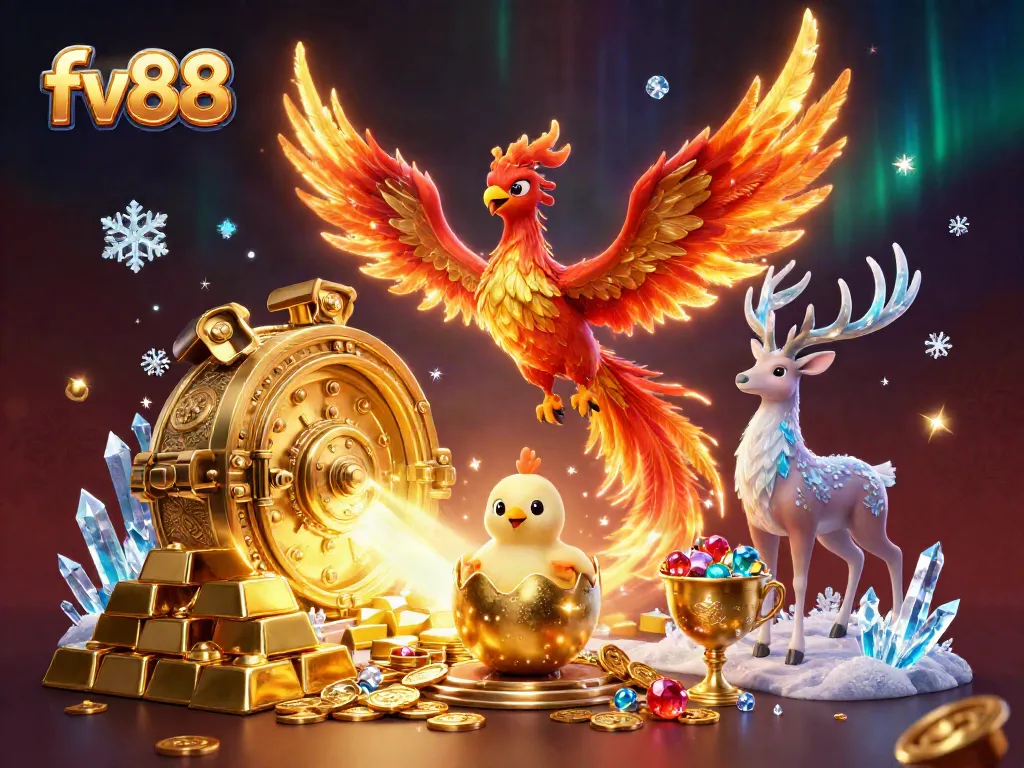 Experience thrilling gambling at fv88 with a majestic phoenix and wealth of treasures.