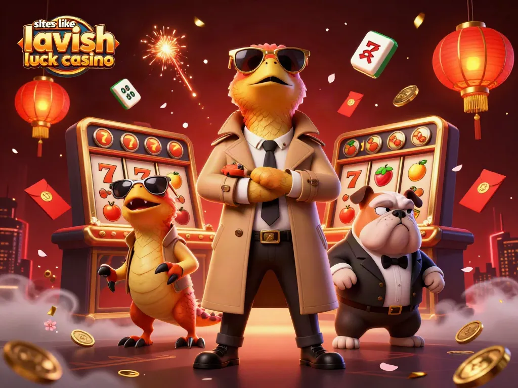 Three raptors in a trench coat enter a VIP lounge at sites like lavish luck casino, surrounded by colorful slots.