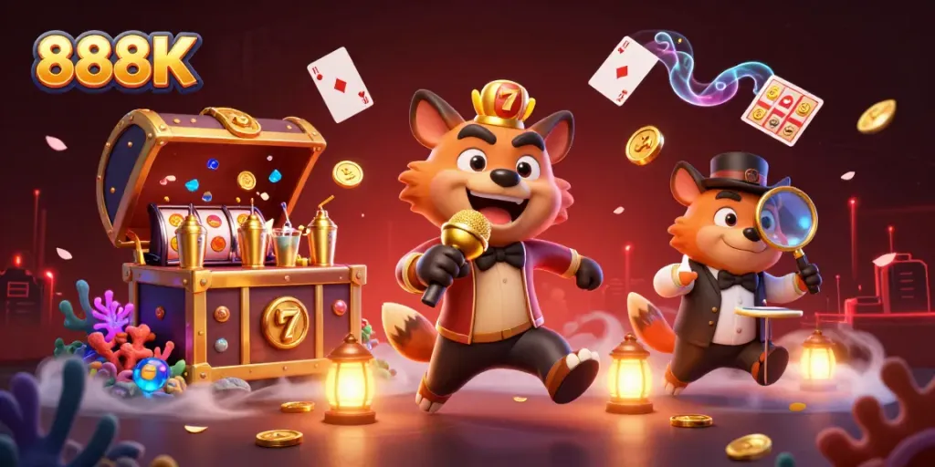 Join the lively comedy night at 888K casino with animated hyenas and a jackpot theme.
