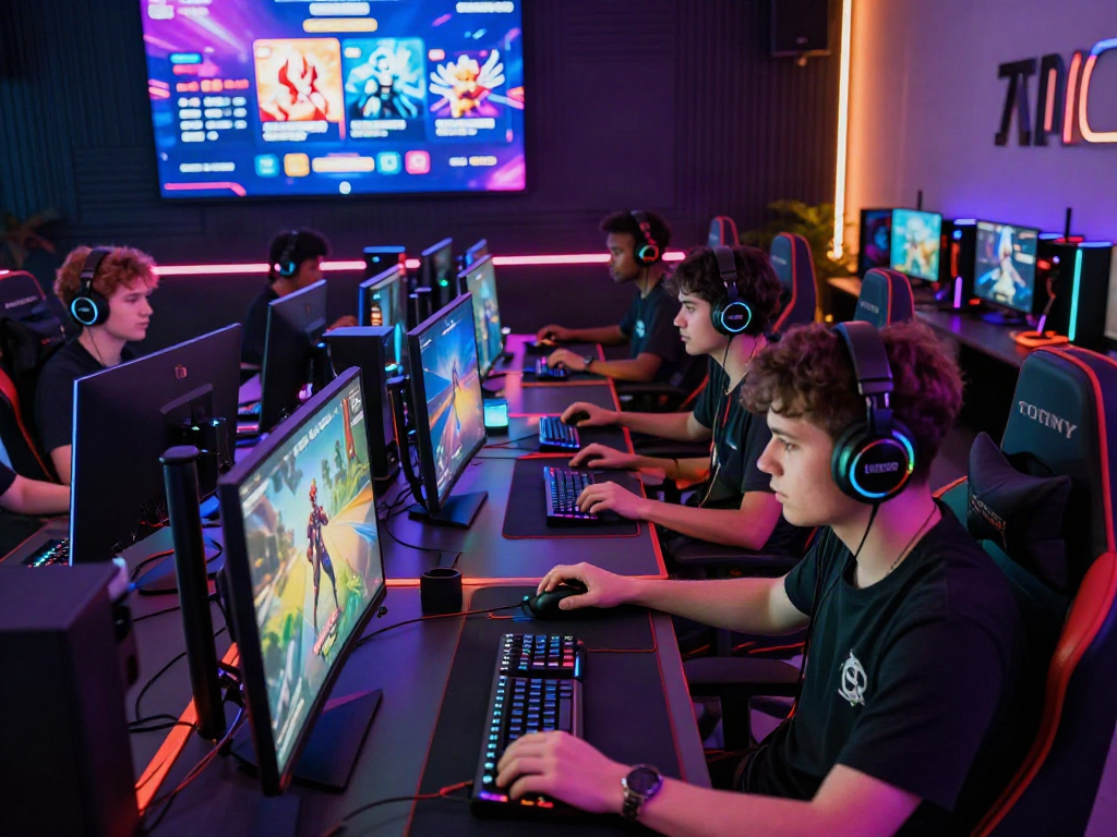 Pengguna bermain game online luxury111 dengan peralatan gaming canggih dan suasana berwarna-warni.