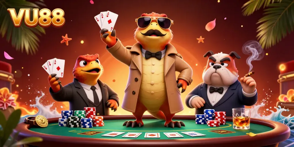 Experience the thrills of VU88 as three raptors sneak into a VIP casino lounge, full of poker excitement.