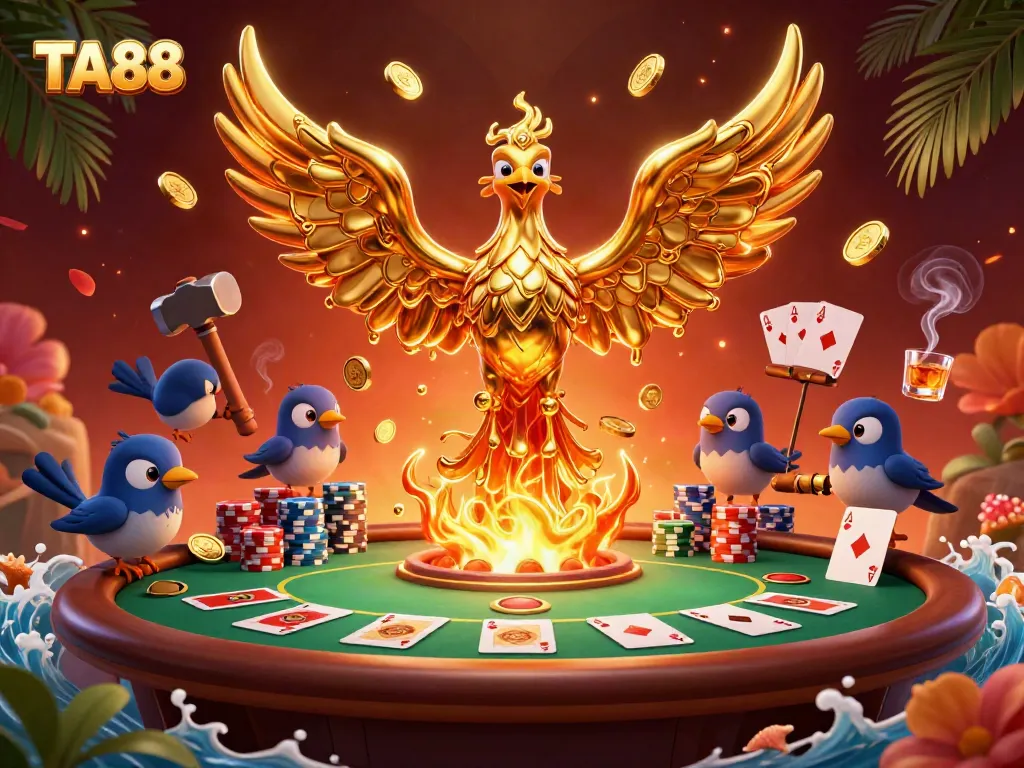 TA88 invites players to experience the thrill of gaming with a golden phoenix amidst an exciting casino scene.