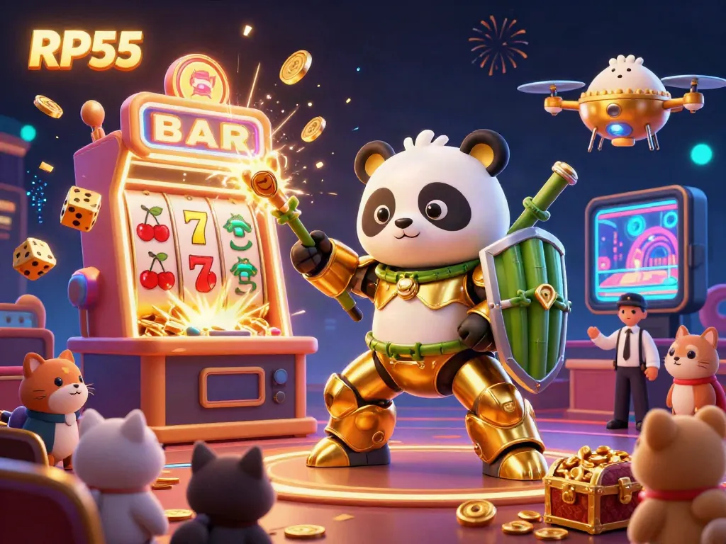 Experience RP55 in an exhilarating casino scene with colorful symbols and dynamic gameplay elements.