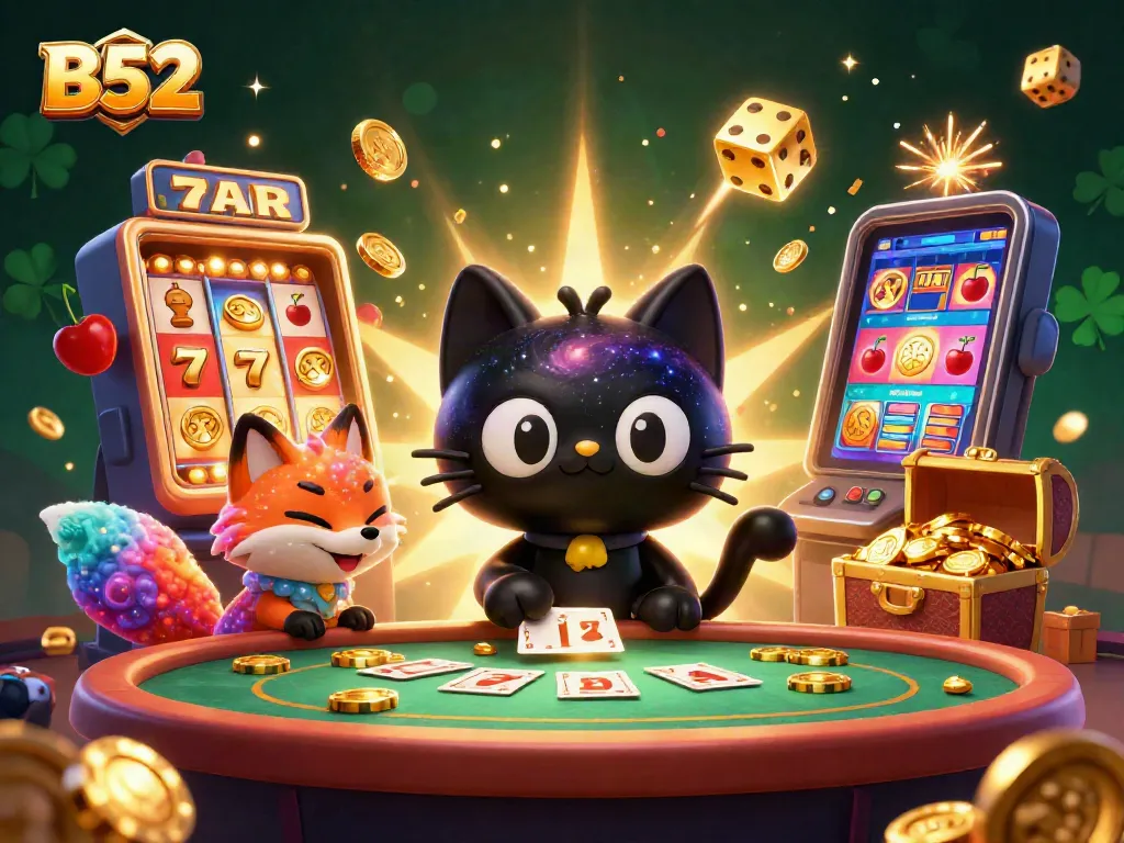 Engage with the thrilling B52 casino experience, featuring a colorful scene of a cosmic casino with dynamic gaming action.