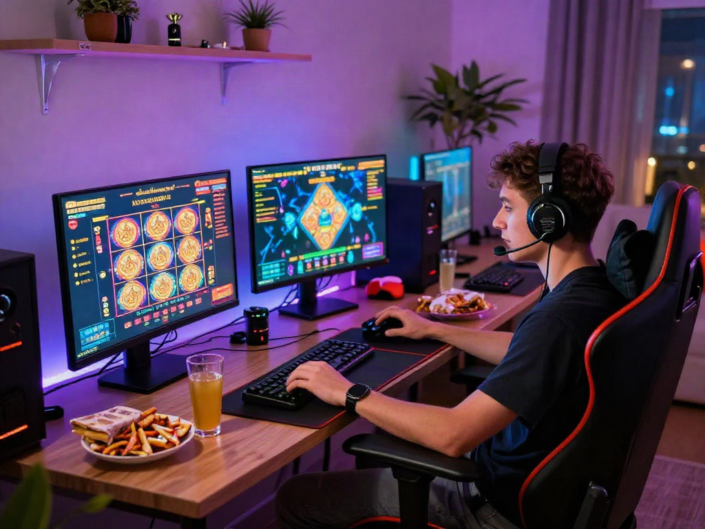 Engaged gamer experiencing the thrill of bandar slot games in a modern home setup.
