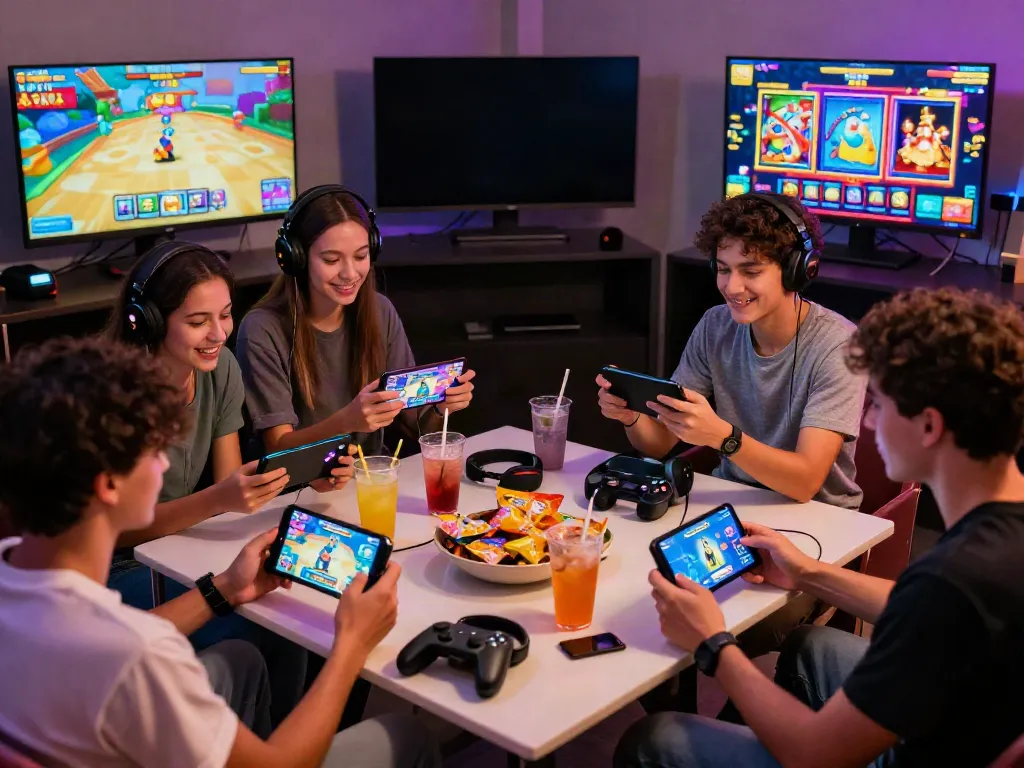 Friends enjoying Yono Arcade gaming experience in a cozy lounge.