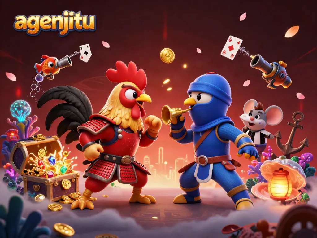 Ilustrasi dinamis agenjitu dengan ayam bertarung mengenakan samurai merah dan ninja biru, dihiasi harta karun.