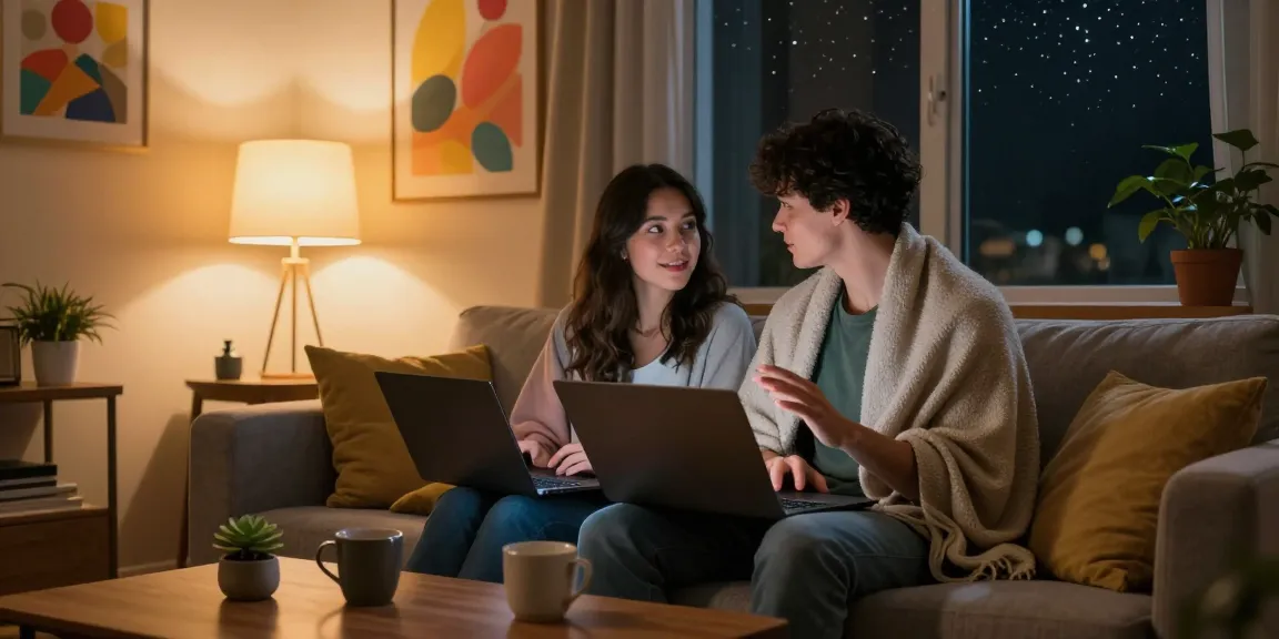 Engaged couple enjoying a cozy sex AI chat in a stylish home, fostering intimacy.