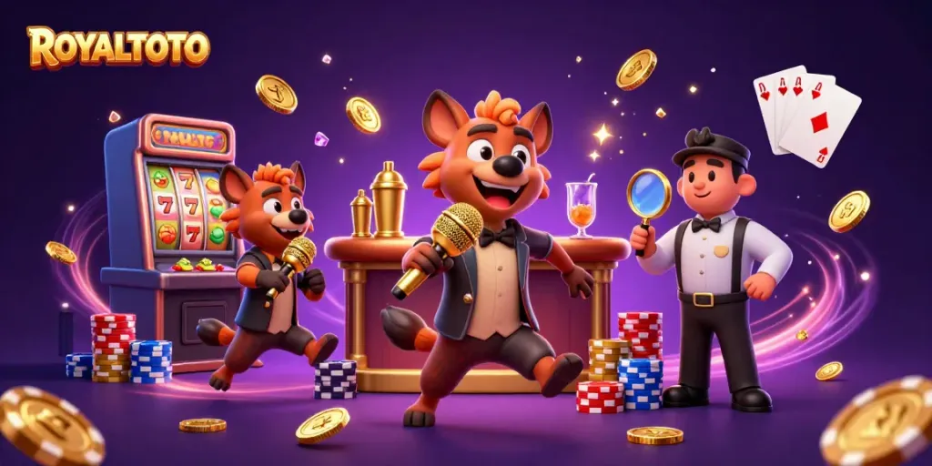 Experience the lively ROYALTOTO casino scene with hyenas amidst dazzling slots and vibrant gaming action.