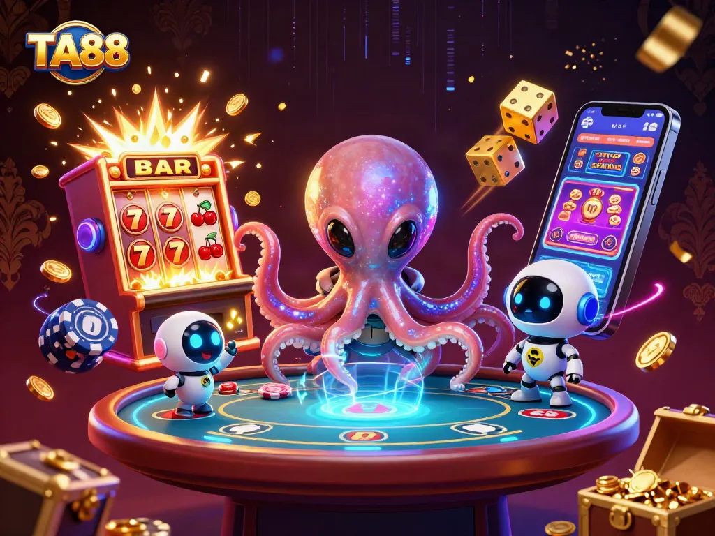 TA88 features a cartoon alien octopus at a holographic poker table amidst exciting casino elements.