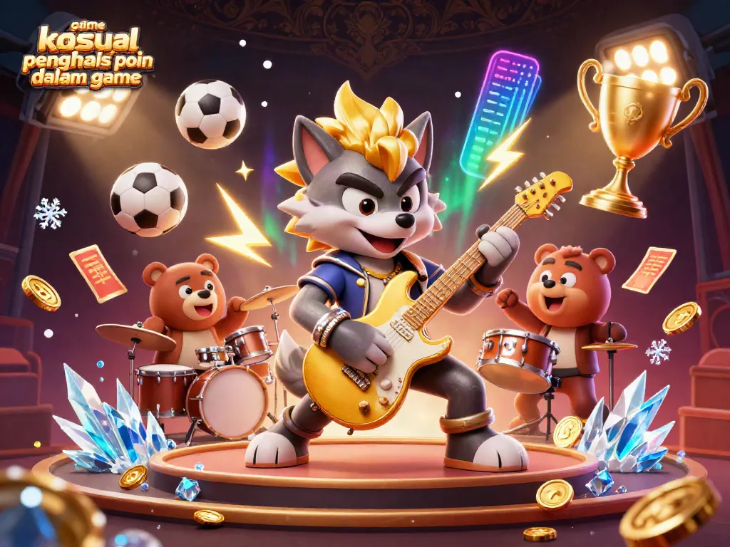 Game kasual penghasil poin dalam game menampilkan karakter kartun 3D di panggung kasino bergaya hidup yang glamor.
