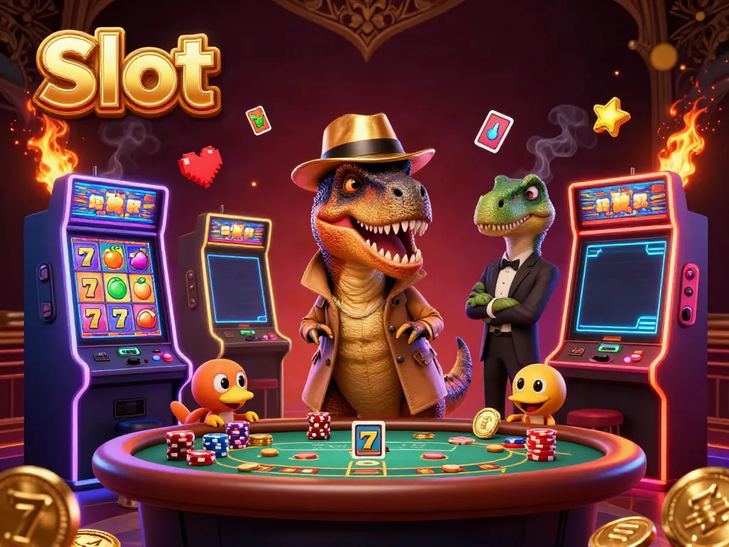 Engage with dynamic Slot-themed scene featuring a clever velociraptor at the blackjack table amidst colorful casino elements.