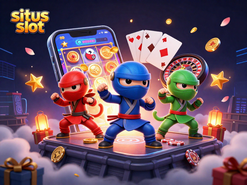 Bermain situs slot dengan chameleon ninja melakukan aksi di rooftop, dikelilingi elemen permainan yang memukau.