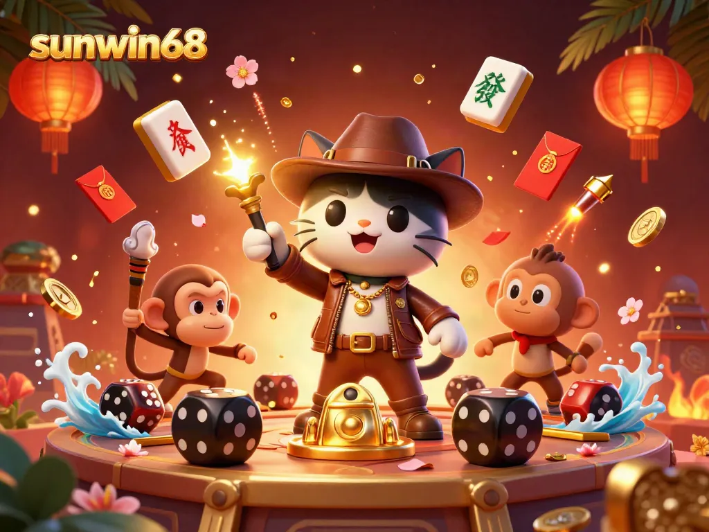 Engage in winning gameplay with sunwin68 as a cartoon cat unearths casino treasures in a vibrant digital illustration.