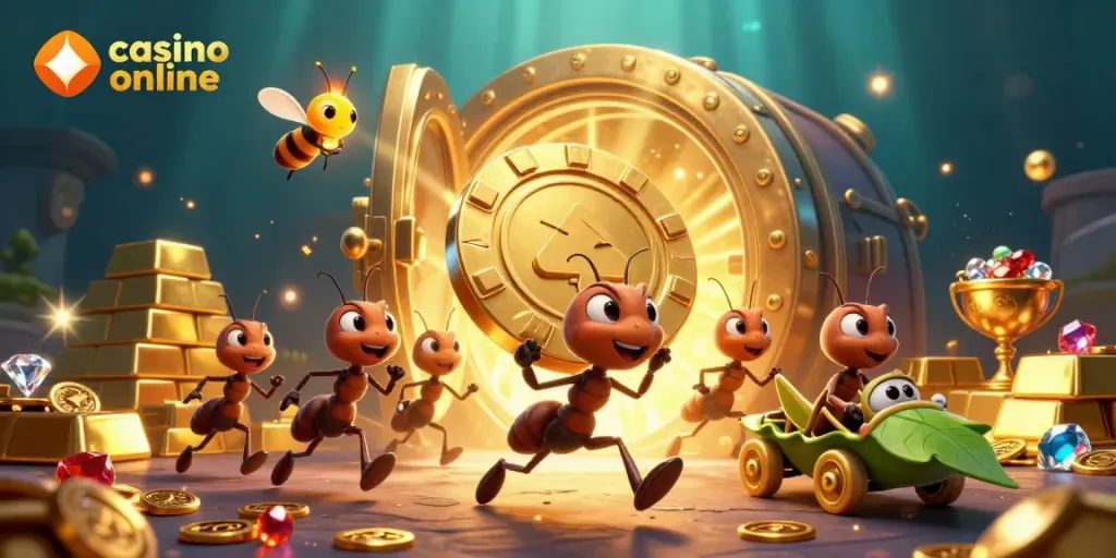Mainkan permainan kasino online dengan tim 3D kartun semut mencuri chip poker emas besar di latar belakang yang menarik.