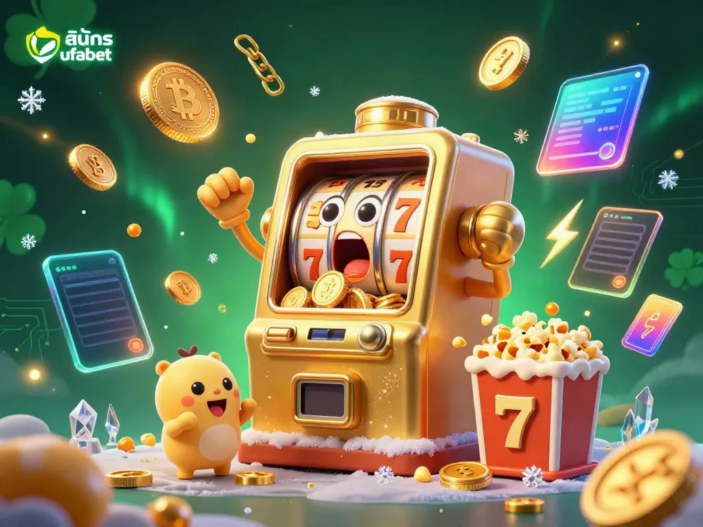 Experience วิธีสมัคร ufabet as a golden slot machine hits a jackpot, surrounded by vibrant casino elements.