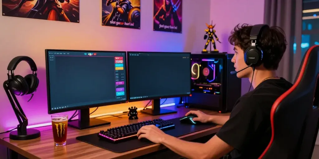 Exciting gaming setup showcasing a slot gacor hari ini interface, energizing atmosphere with RGB lights and gaming peripherals.
