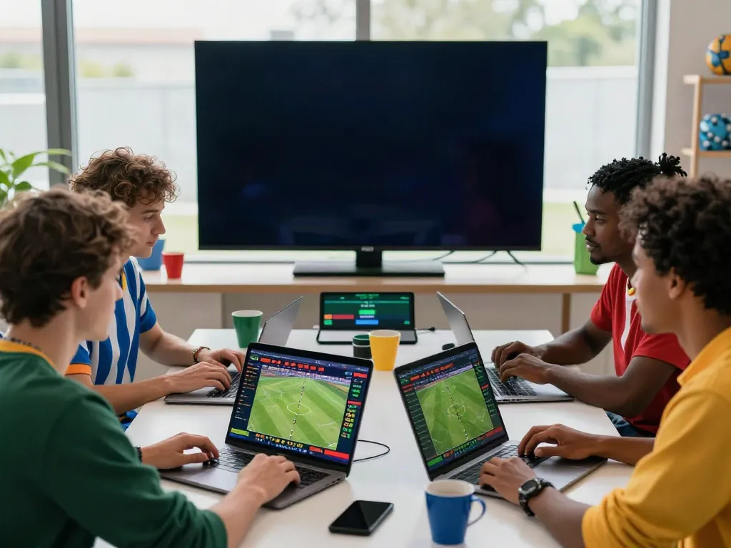 Engaged group analyzing live match odds on WWBOLA's platform.