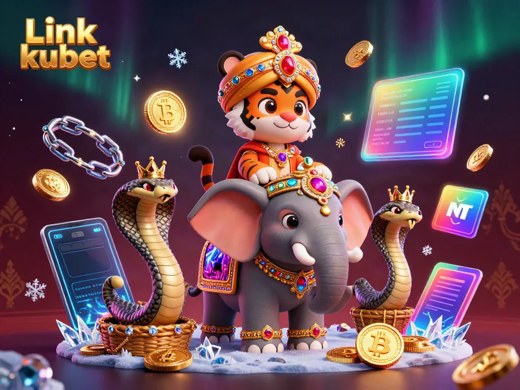 Engage with Link kubet gaming through a vibrant 3D scene featuring a majestic maharaja, elephant, and crypto elements.