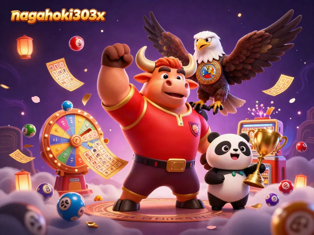 Permainan di situs nagahoki303x mempersembahkan kartun bull yang berpose, elang dan panda bersama dengan berbagai elemen lotere.