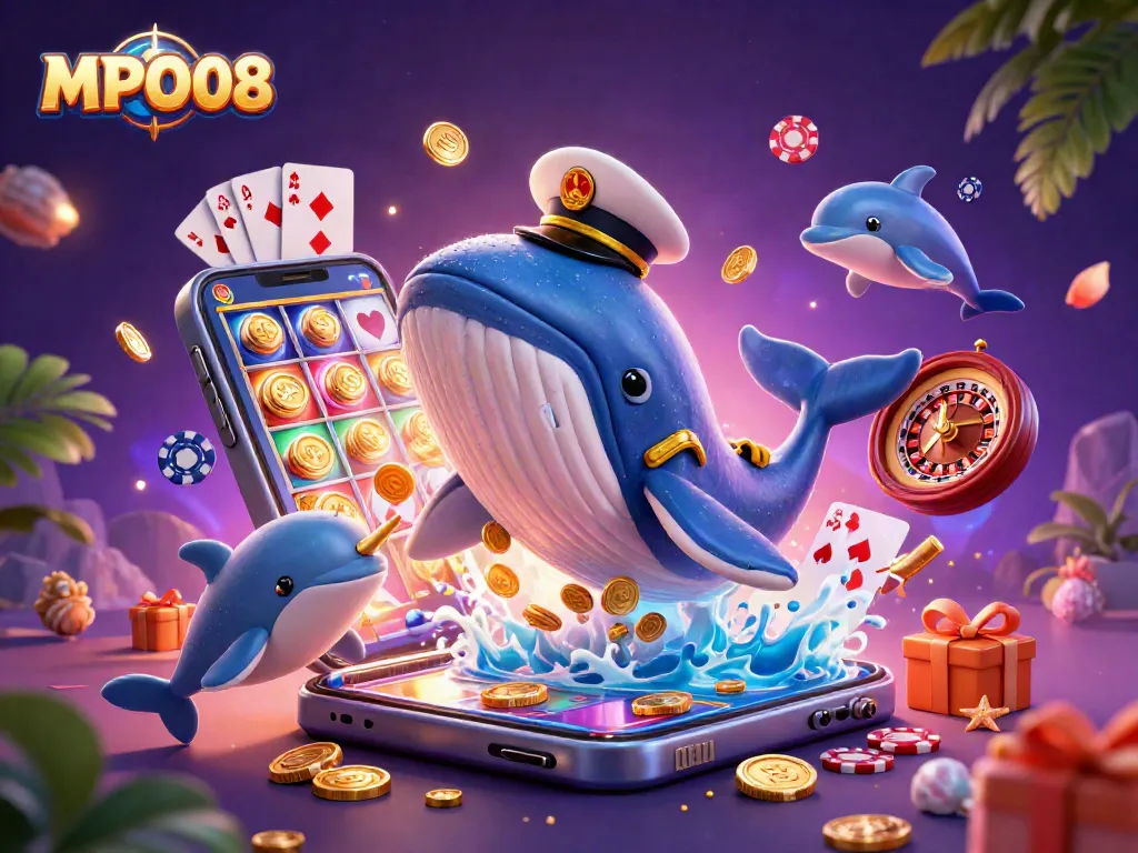 MPO08 features a whale captain breaching through coins with playful dolphins and a narwhal, symbolizing casino excitement.