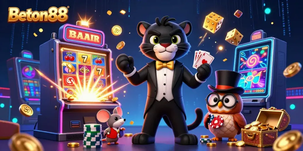 Menangkan jackpot di Beton88 dengan ilustrasi kasino 3D yang penuh warna dan karakter menarik.