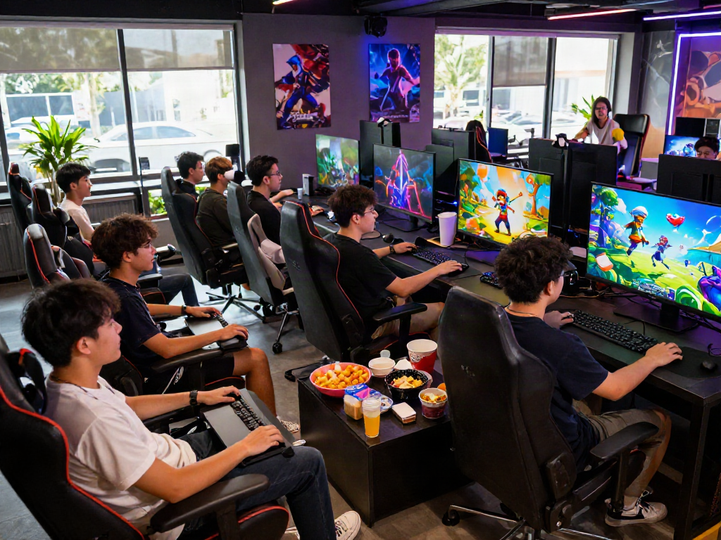 A group enjoying a porn game in a lively gaming lounge.
