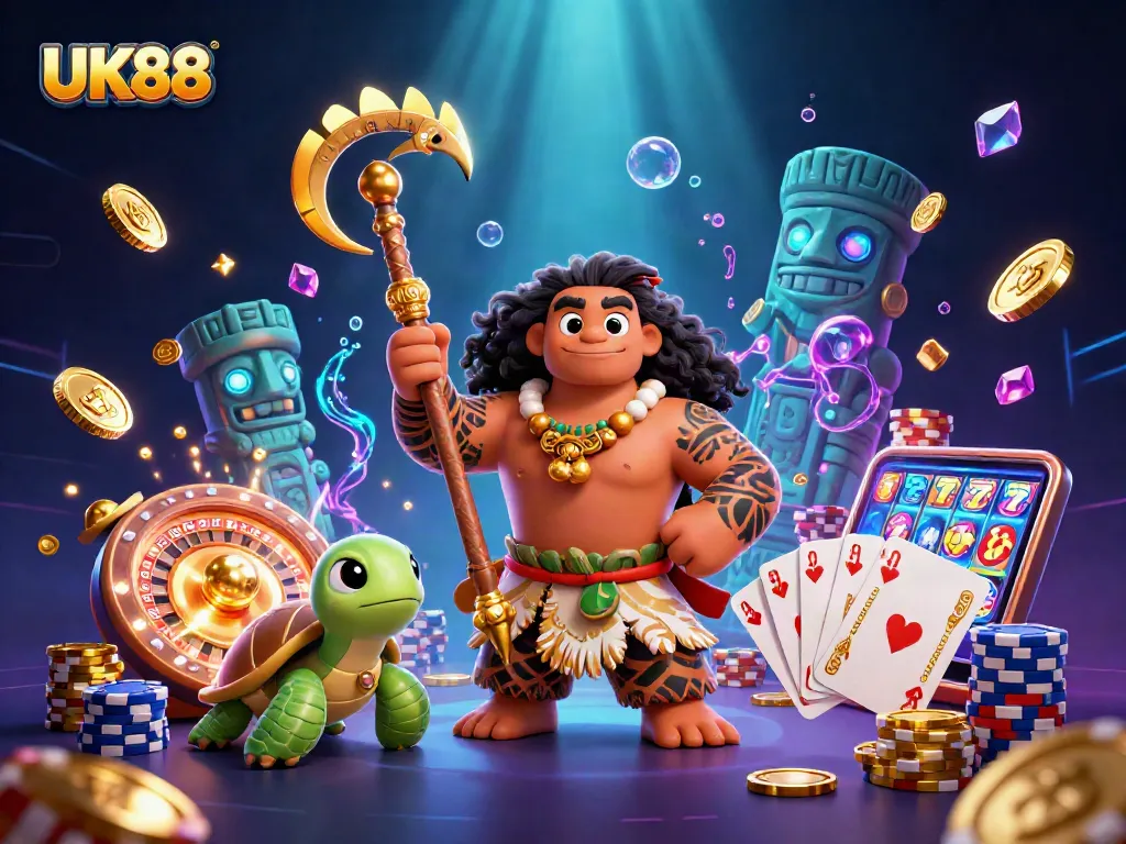 Engage with UK88's vibrant 3D casino illustration packed with dynamic gambling elements.
