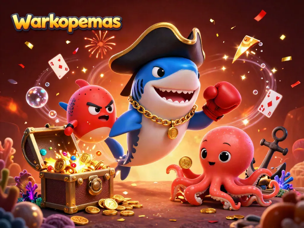 Warkopemas menarik perhatian dengan ilustrasi kasino yang penuh warna dan elemen permainan menarik.