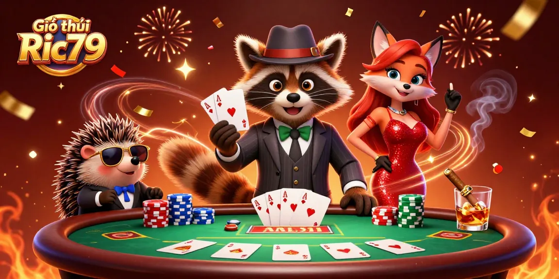 Engage with Giới thiệu Ric79 through vibrant casino scene featuring poker champions and lively elements.