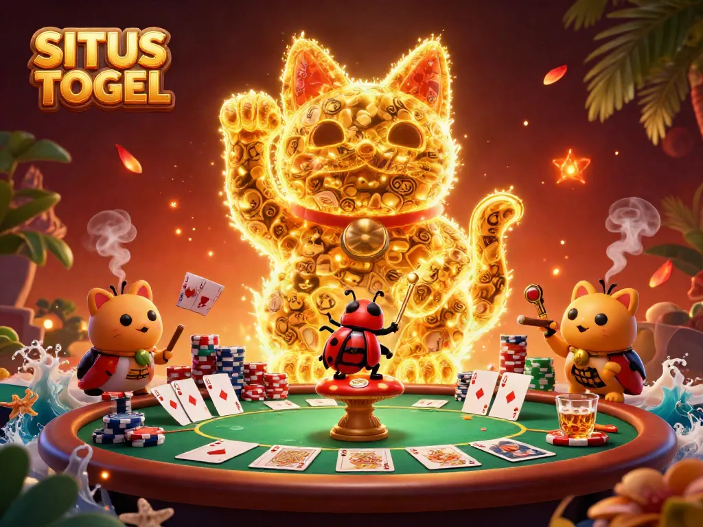 Menggenggam kemenangan di SITUS TOGEL, ilustrasi kasino dengan kucing keberuntungan dan simbol kasino.