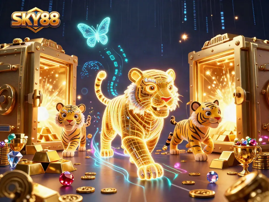 Engage with SKY88's thrilling casino ambiance, featuring a neon-wireframe tiger and golden treasures.