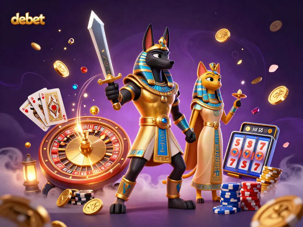 Experience the thrill of debet with a vibrant gambling scene featuring an Egyptian warrior surrounded by casino elements.