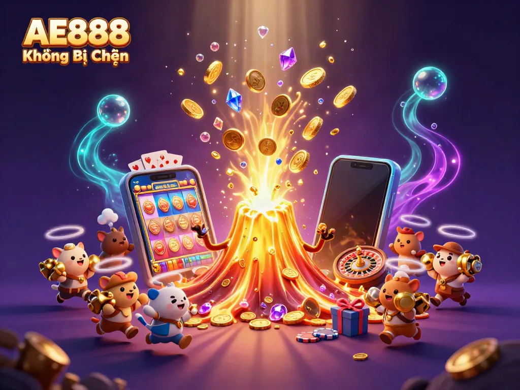 Experience the excitement of AE888 Không Bị Chặn with a vibrant volcano eruption of treasures and casino elements.