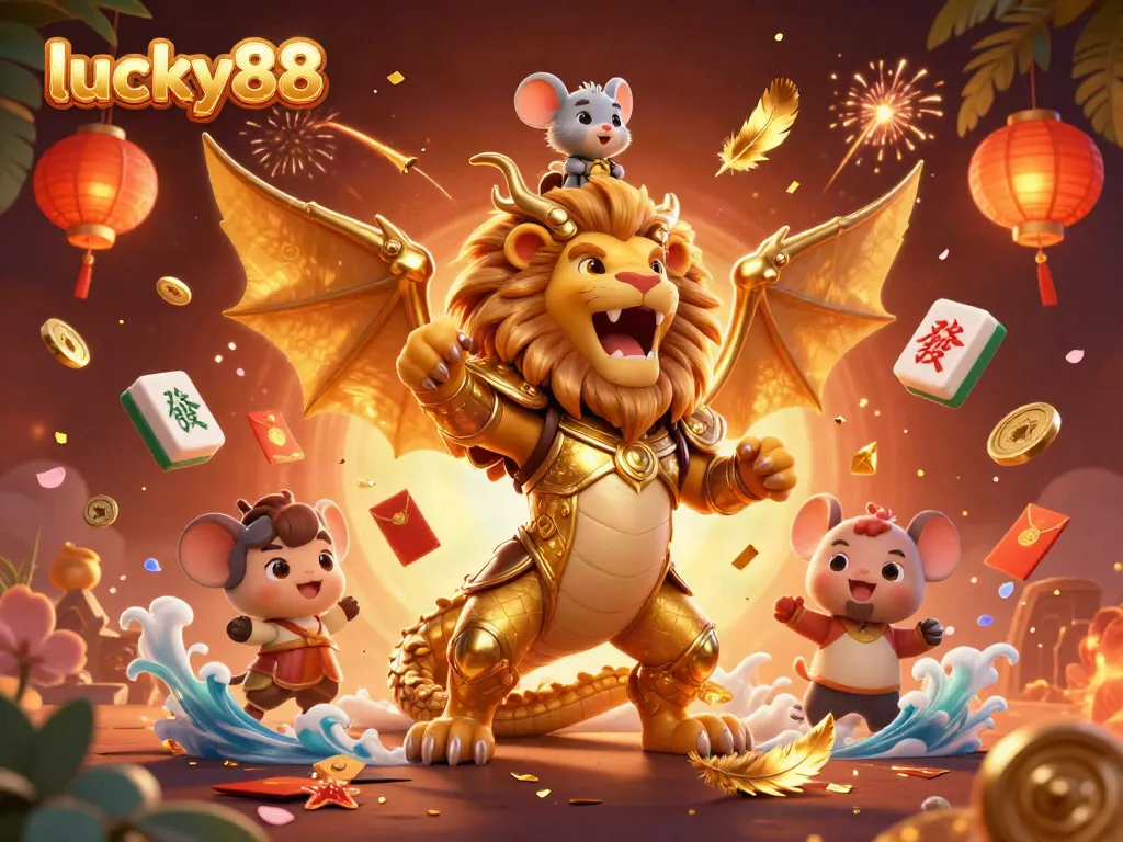 Experience excitement at lucky88 with a powerful chimera and glowing casino elements, symbolizing rich gaming opportunities.