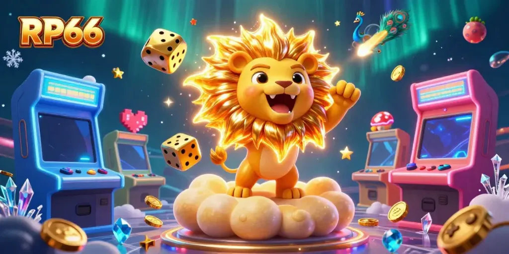 Experience the excitement of RP66 with our illustrated casino scene featuring a sun lion and golden dice amidst vibrant gaming elements.
