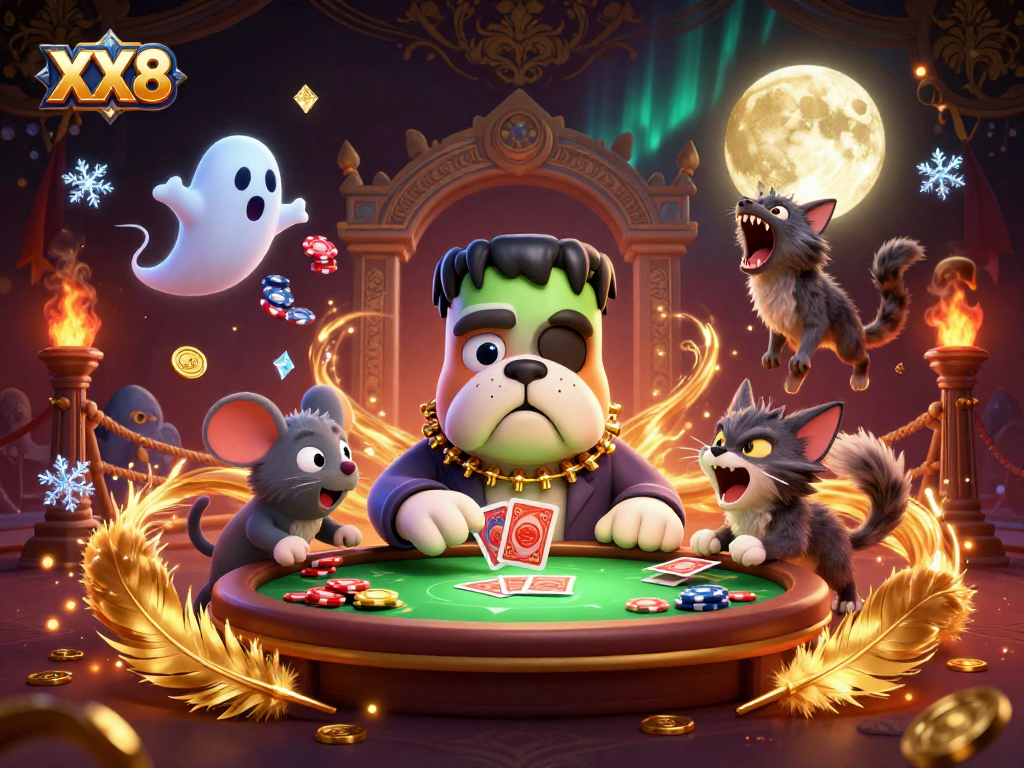 Engage in thrilling card games at XX8 with a whimsical scene of a Frankenstein bulldog and ghost mouse amidst golden chips.
