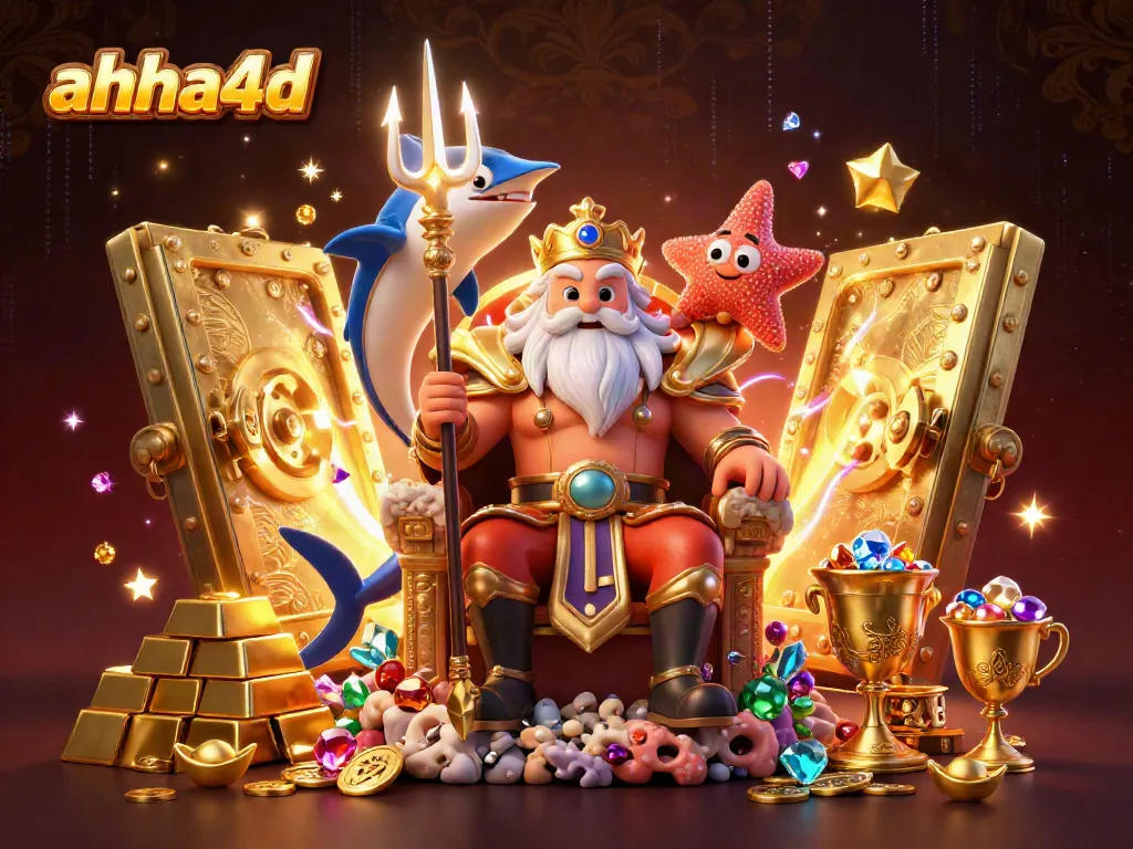Experience the excitement of ahha4d with Neptune and treasures in this vibrant, dynamic 3D illustration.
