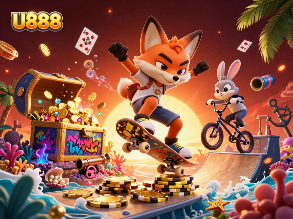 Experience the excitement of U888 with vibrant casino-themed 3D illustration featuring dynamic characters.