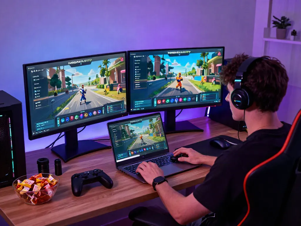Pengalaman gaming online dengan NAGASLOT77 di laptop dengan pencahayaan RGB yang hidup.