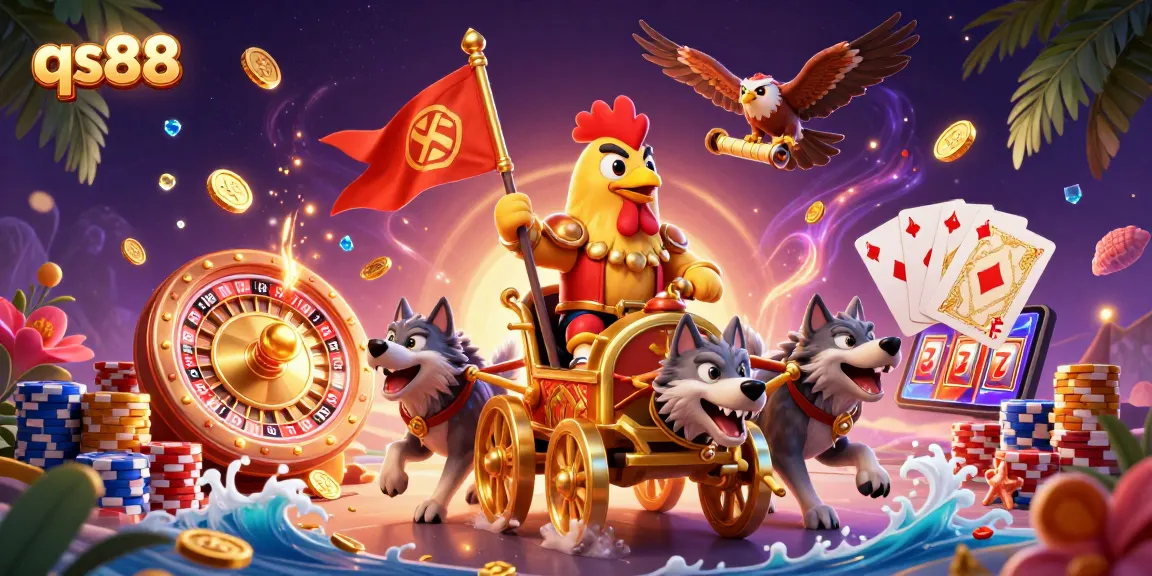 Experience thrilling wins at qs88 with a cartoon rooster warlord and golden chariot amidst casino elements.