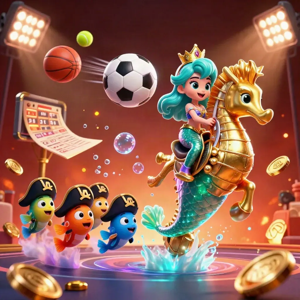 Mermaid princess rides a golden seahorse amid flying sports balls, coins, trophy, and neon arena lights.
