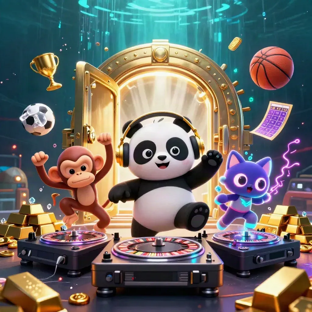 DJ panda, dancing monkey, and glow-stick kitten burst from a treasure vault in neon casino light.