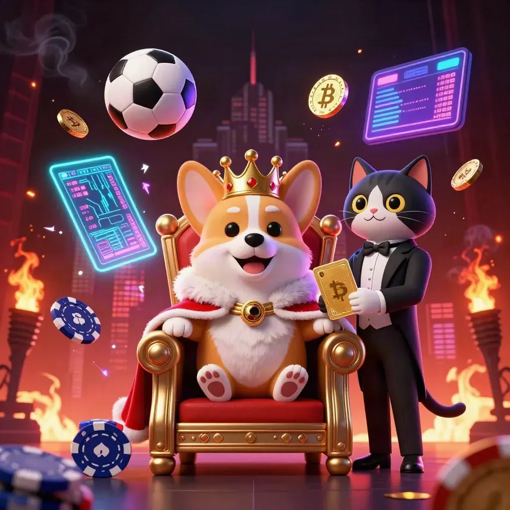Royal corgi and cat butler amid neon coins, cards, balls, sparks, and city glow.