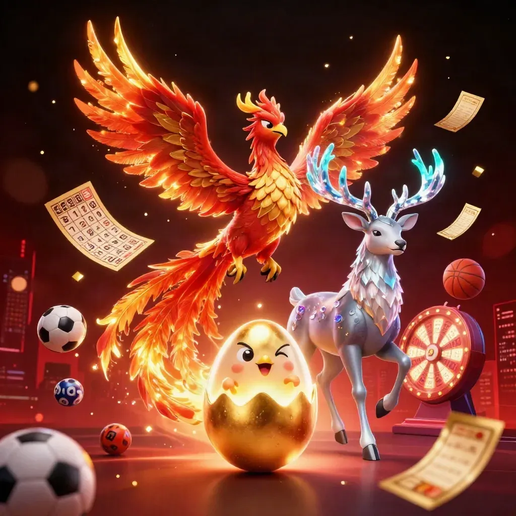 Phoenix, hatching chick, and crystal stag amid casino icons in neon violet and cyan