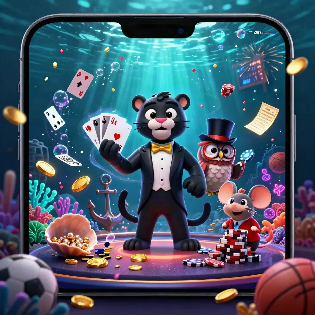 Panther, owl, and mouse in an underwater casino blast with cards, coins, and neon glow.