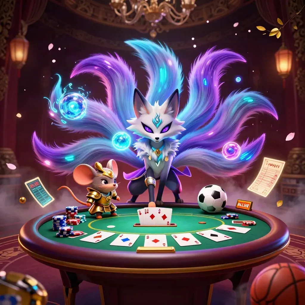 Nine-tailed fox spirit and armored samurai mouse amid casino chaos, neon-lit and cinematic.